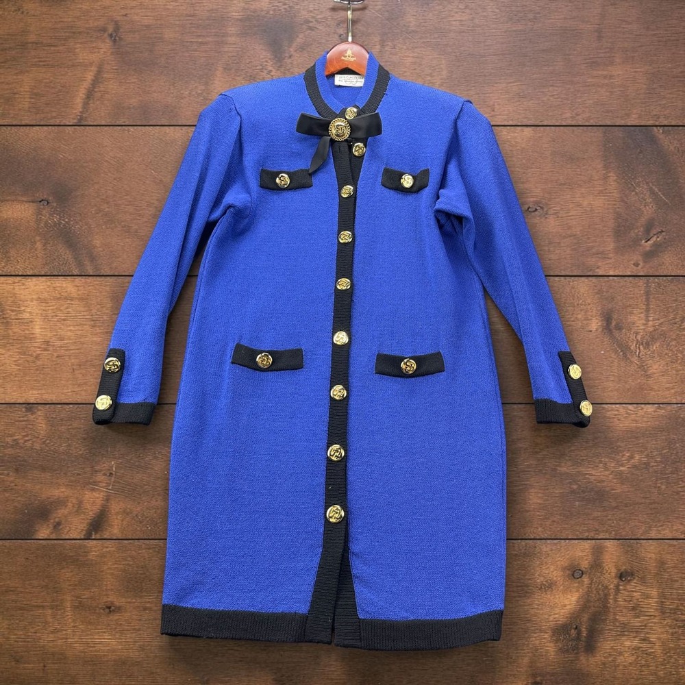 Vintage USA St John Marie Gray Santana Knit Long Jacket Cobalt Blue Bow Size 2